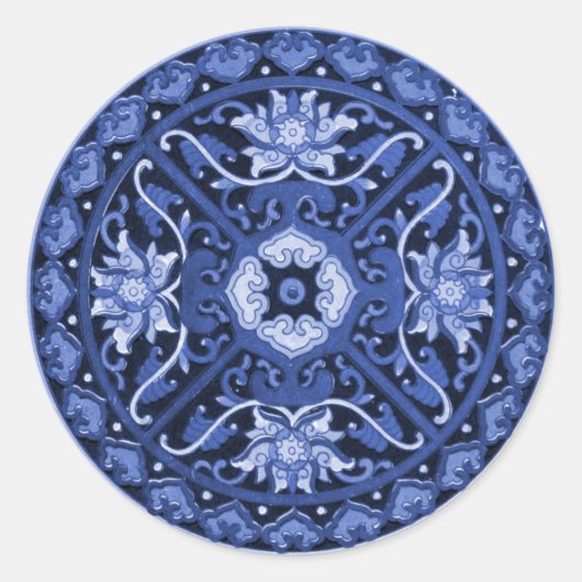 Antiek Chinees blauw en wit Mandala Ronde Sticker (Voorkant)