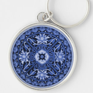 Antiek Chinees blauw en wit Mandala Sleutelhanger