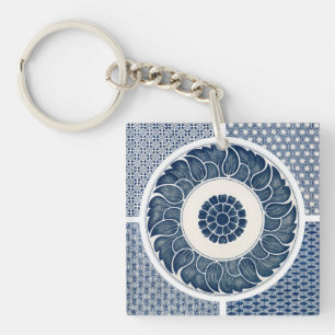 Antiek Chinees Blauw Witte Porselein Patroon Sleutelhanger