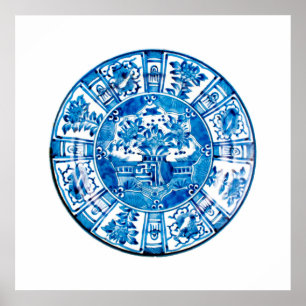 Antiek Chinees Bord, blauw bloemvet Poster