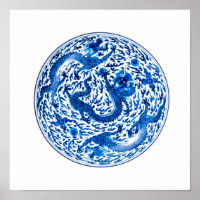 Antiek Chinees Bord, kobalt Blauwe Dragons