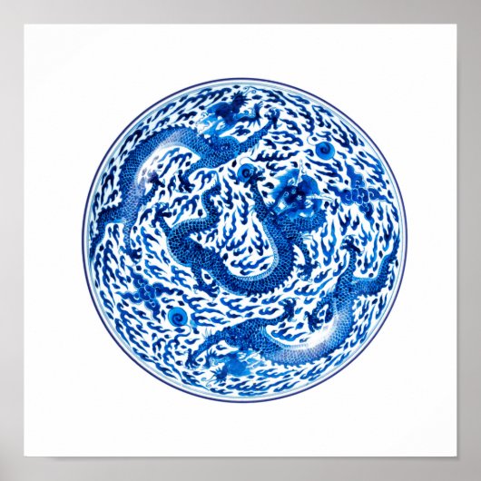Antiek Chinees Bord, kobalt Blauwe Dragons Poster (Voorkant)