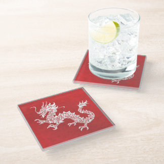 Antiek Chinees Draak Stam Embleem Rood Glazen Onderzetter