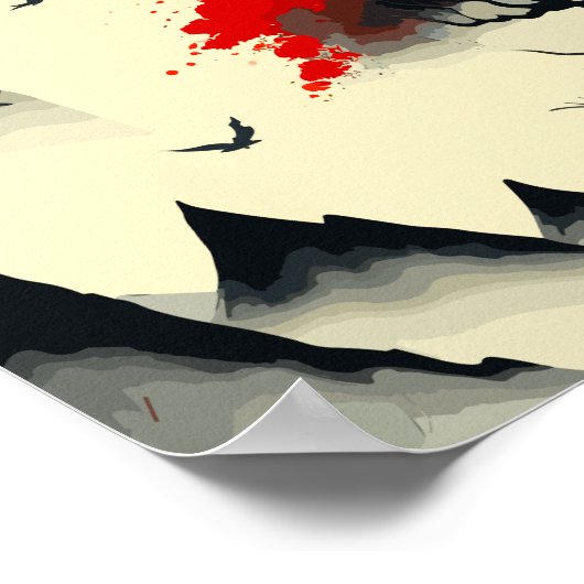 Antiek Chinees Inktschilderij: Golden Moon en Rood Poster (Hoek)