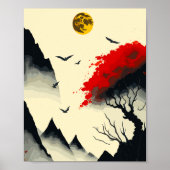 Antiek Chinees Inktschilderij: Golden Moon en Rood Poster (Voorkant)