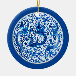 Antiek-Chinees porseleinplat, kobaltdragons Keramisch Ornament