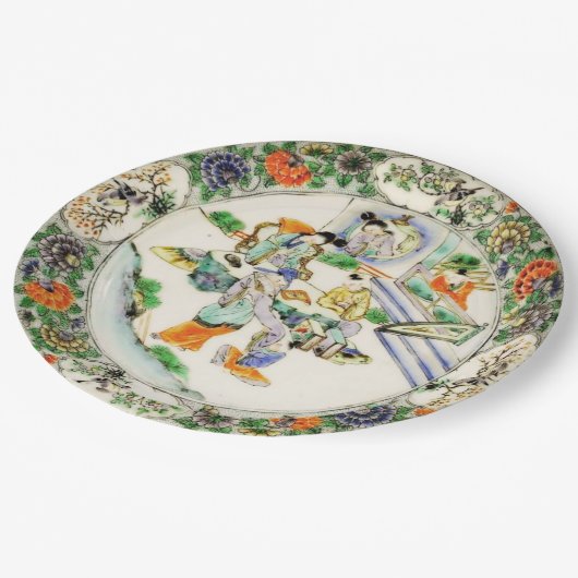 Antiek Chinees  Witte Chinoiserie Bloemen Papieren Bordje (Gekanteld)