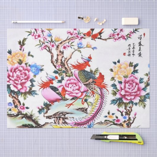 Antiek Chinese Bloemvogels Chinoiserie Decoupage Tissuepapier (Craft)
