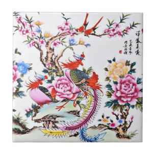 Antiek Chinese Bloemvogels Witte Chinoiserie Tegeltje