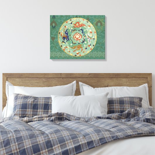 Antiek Chinese cirkel blauw groen Canvas Afdruk (Insitu (Slaapkamer))