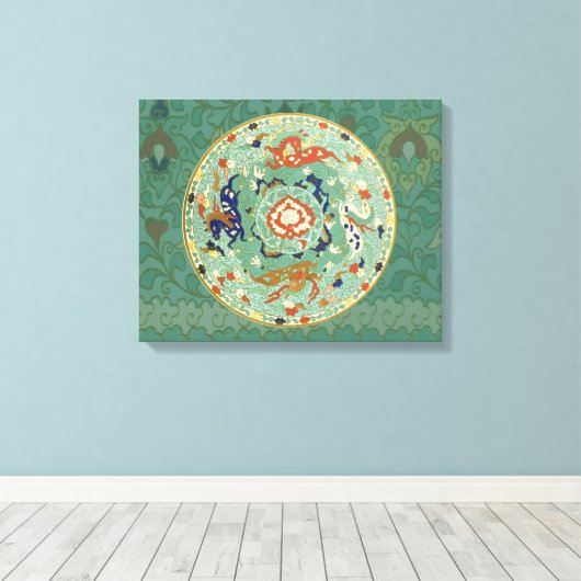 Antiek Chinese cirkel blauw groen Canvas Afdruk (Insitu (Houten vloer))