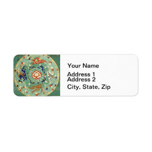 Antiek Chinese cirkel blauw groen Etiket