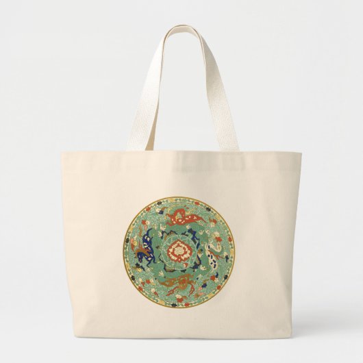 Antiek Chinese cirkel blauw groen Grote Tote Bag (Voorkant)