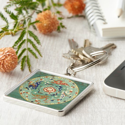 Antiek Chinese cirkel blauw groen Sleutelhanger (Zijkant)