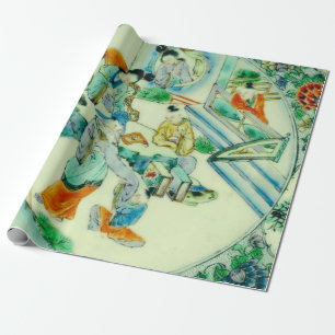 Antiek Chinese Groene Chinoiserie Bloemen Decoupag Cadeaupapier