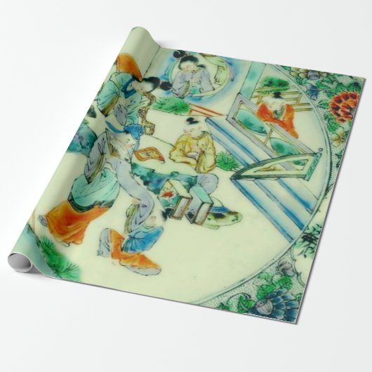 Antiek Chinese Groene Chinoiserie Bloemen Decoupag Cadeaupapier (Uitgerold)