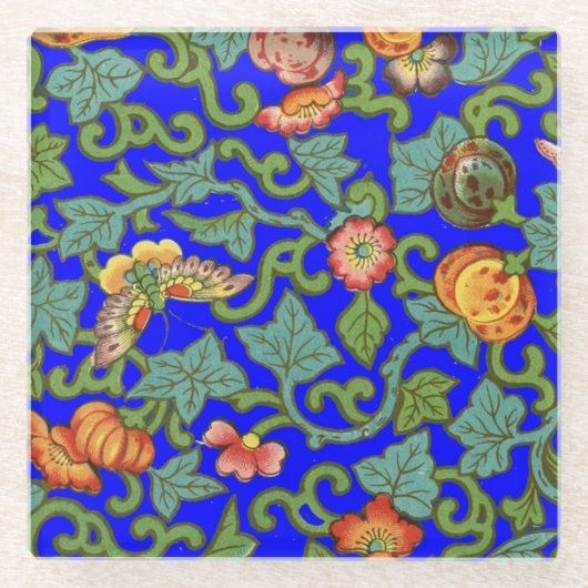 Antiek Chinese porseleinen bloemen en vlinders Glazen Onderzetter (Voorkant)