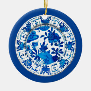 Antiek-Chinese porseleinplate, blauw-ventilatorvaa Keramisch Ornament