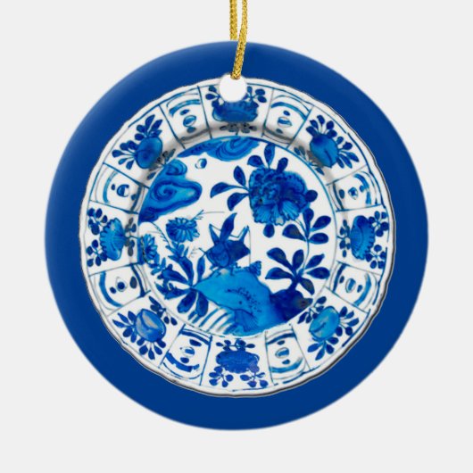 Antiek-Chinese porseleinplate, blauw-ventilatorvaa Keramisch Ornament (Voorkant)