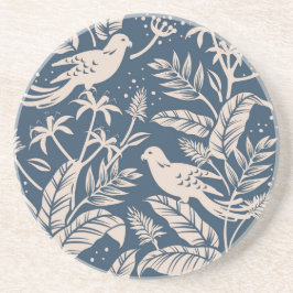 Antiek Chinoiserie Vogel Bloemen Blauw Grijs & Ivo Zandsteen Onderzetter