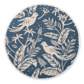 Antiek Chinoiserie Vogel Bloemen Blauw & Ivoor Keramische Knop (Voorkant)