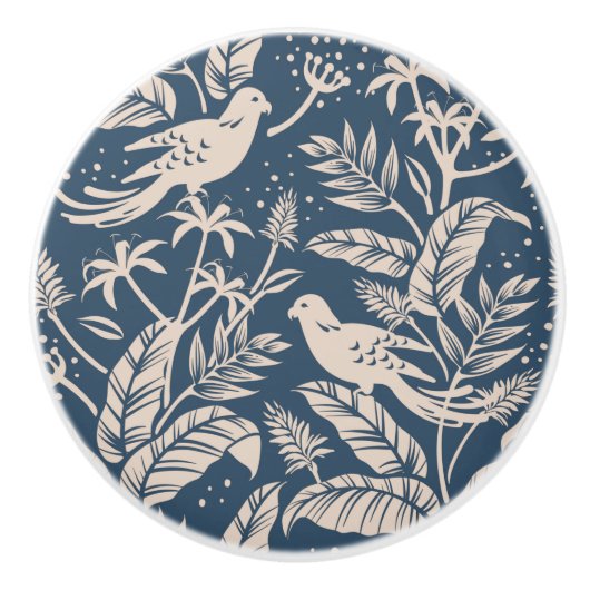 Antiek Chinoiserie Vogel Bloemen Blauw & Ivoor Keramische Knop (Voorkant)