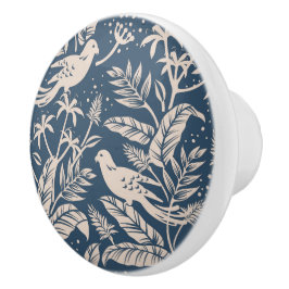 Antiek Chinoiserie Vogel Bloemen Blauw & Ivoor Keramische Knop