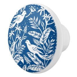 Antiek Chinoiserie Vogel Bloemen Blauw & Wit Keramische Knop