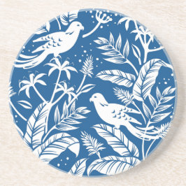 Antiek Chinoiserie Vogel Bloemen Blauw & Wit Zandsteen Onderzetter