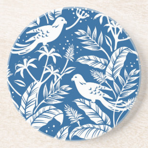 Antiek Chinoiserie Vogel Bloemen Blauw & Wit Zandsteen Onderzetter