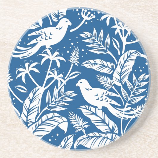 Antiek Chinoiserie Vogel Bloemen Blauw & Wit Zandsteen Onderzetter (Voorkant)