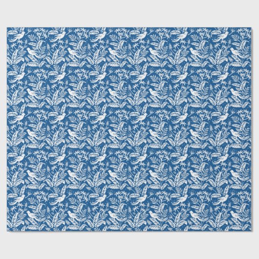 Antiek Chinoiserie Vogels Bloemen Blauw & Wit Cadeaupapier (Vlak)