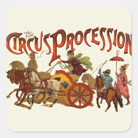 Antiek Circus Parade Clowns paarden Vierkante Sticker (Voorkant)
