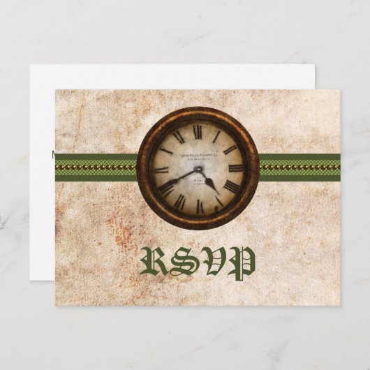 Antiek Clock RSVP Briefkaart, groen Uitnodiging Briefkaart (Voorkant / Achterkant)