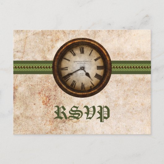 Antiek Clock RSVP Briefkaart, groen Uitnodiging Briefkaart (Voorkant)