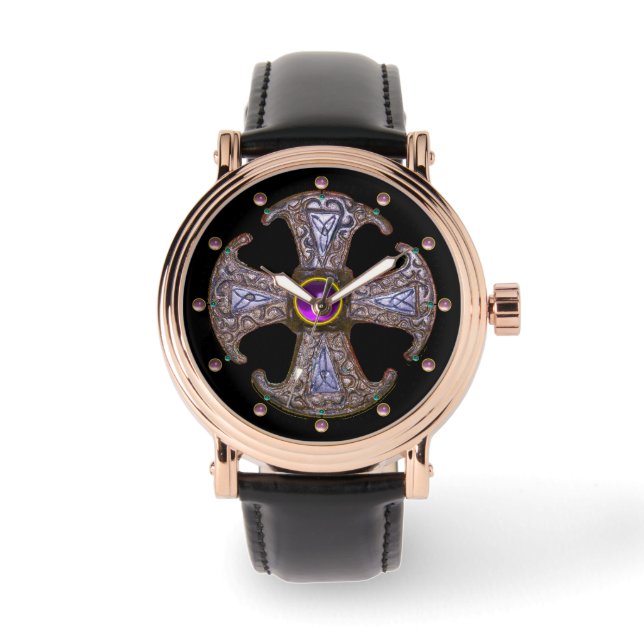 ANTIEK CONSECRATIE KROSS Roze Paarse stenen Horloge (Voorkant)