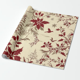 Antiek Crème Bourgondi Winter Vogels Hulst Bloemmo Cadeaupapier