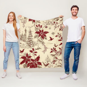 Antiek Crème Bourgondi Winter Vogels Hulst Bloemmo Fleece Deken
