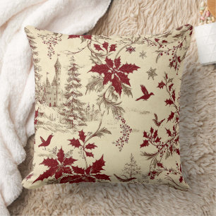 Antiek Crème Bourgondi Winter Vogels Hulst Bloemmo Kussen