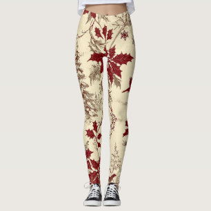 Antiek Crème Bourgondi Winter Vogels Hulst Bloemmo Leggings