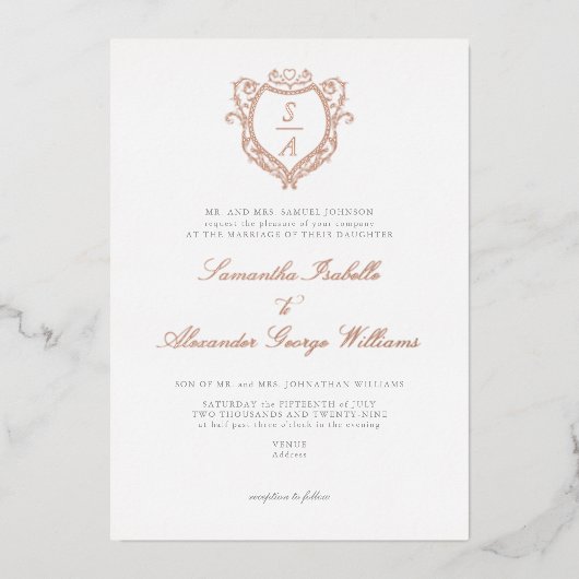 Antiek Crest Minimalistische Monogram Huwelijk Folie Uitnodiging (Voorkant)