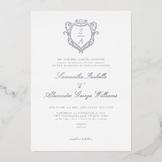 Antiek Crest Minimalistische  Monogram Huwelijk Folie Uitnodiging (Voorkant)