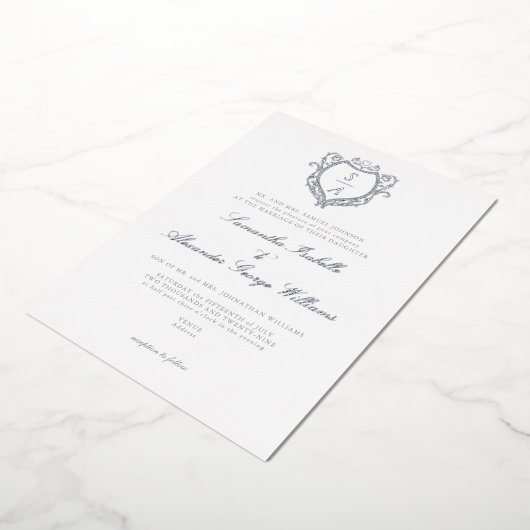 Antiek Crest Minimalistische Monogram Huwelijk Folie Uitnodiging (Gedraaid)