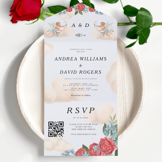 Antiek Cupido  Bloemen Huwelijk All In One Uitnodiging