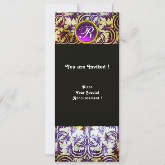 ANTIEK DAMASK MONOGRAM, zwart paars, champagne Kaart (Achterkant)