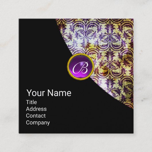 ANTIEK DAMASK PAARS GEM MONOGRAM Black Pearl Vierkante Visitekaartje (Voorkant)