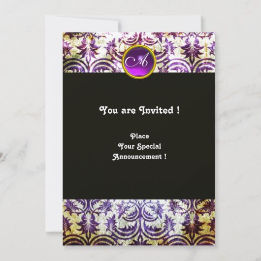 ANTIEK DAMASKMONOGRAM, zwart-wit paars, goud Kaart (Achterkant)