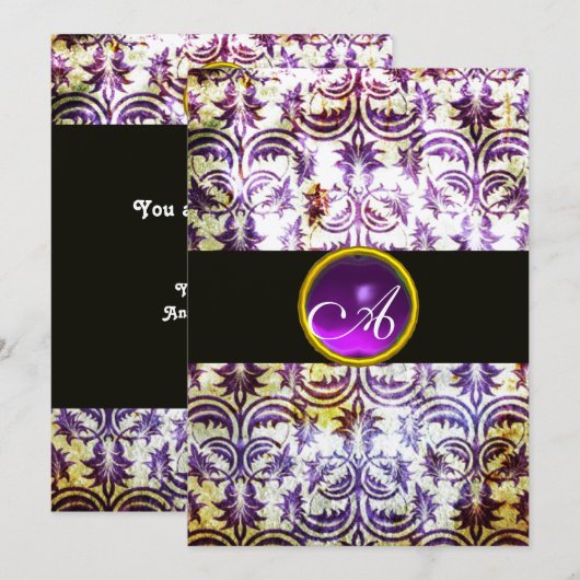 ANTIEK DAMASKMONOGRAM, zwart-wit paars, goud Kaart (Voorkant / Achterkant)