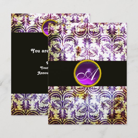 ANTIEK DAMAST MONOGRAM, zwart paars, champagne Kaart (Voorkant / Achterkant)