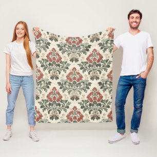 Antiek Damast Rood Groen Beige Fleece Deken
